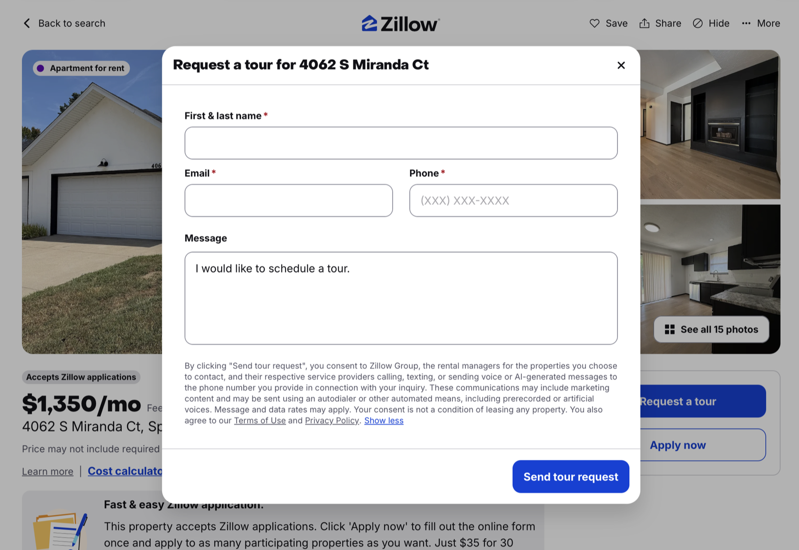 Zillow's Request a tour form for one of our listings: fields for first and last name, email, phone and a message, the consent disclosure beneath them, and the Send tour request button.